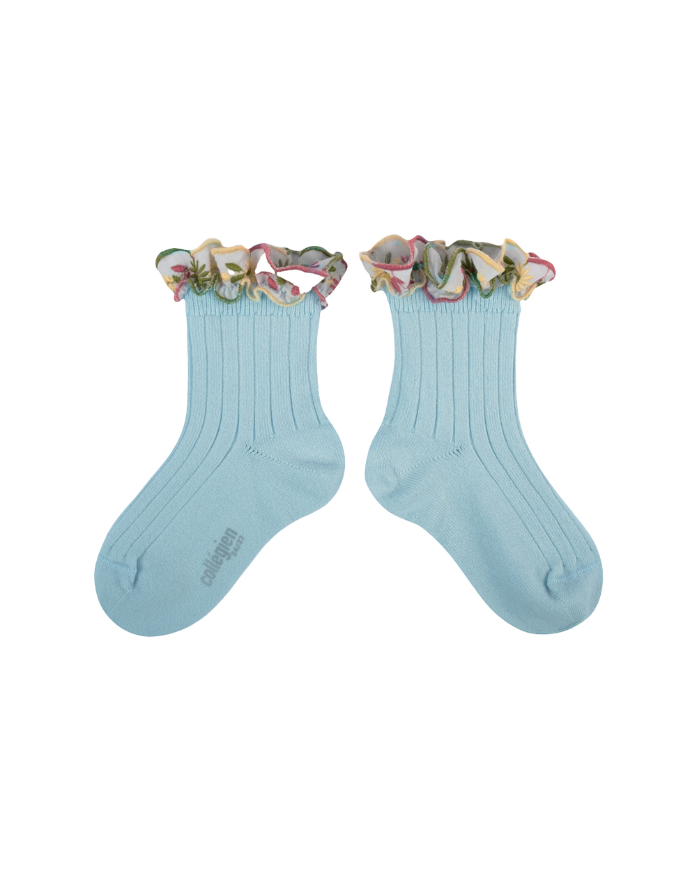 [Collégien] Anémone - Embroidered Ruffle Ribbed Ankle Socks - Glacier