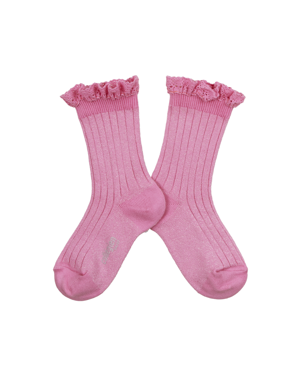 Victorine - Glitter Ribbed Crew Socks with Lace Trim - Rose Bonbon