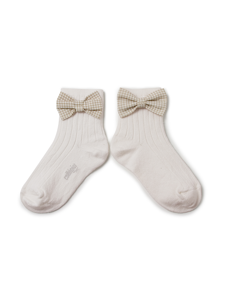 [Collégien] Colette - Ribbed Ankle Socks with Gingham bow - Blanc Neige [28-31]