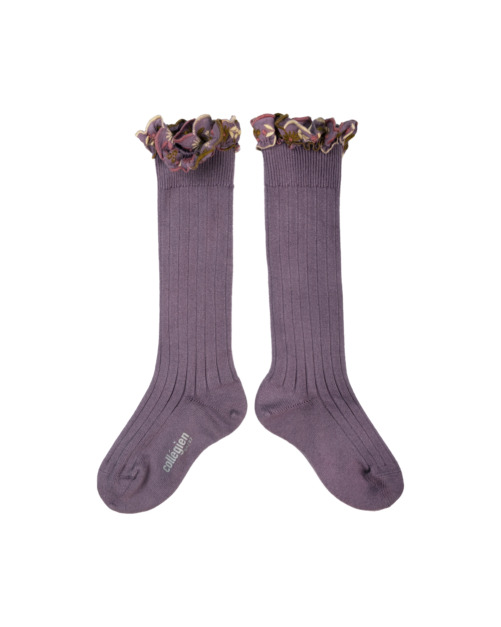 [Collégien] Eglantine - Embroidered Ruffle Ribbed Knee-high Socks - Glycine du Japon